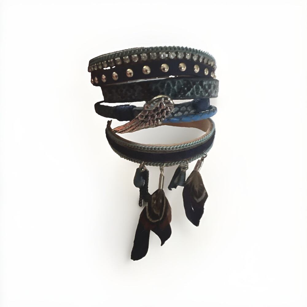 Vintage Genuine Italian Leather & Swarovski Cuff Bracelet Studs Croc Chunky Bold